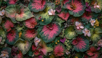 Vibrant hues of tropical foliage pattern, texture, and floral elements in summer and spring