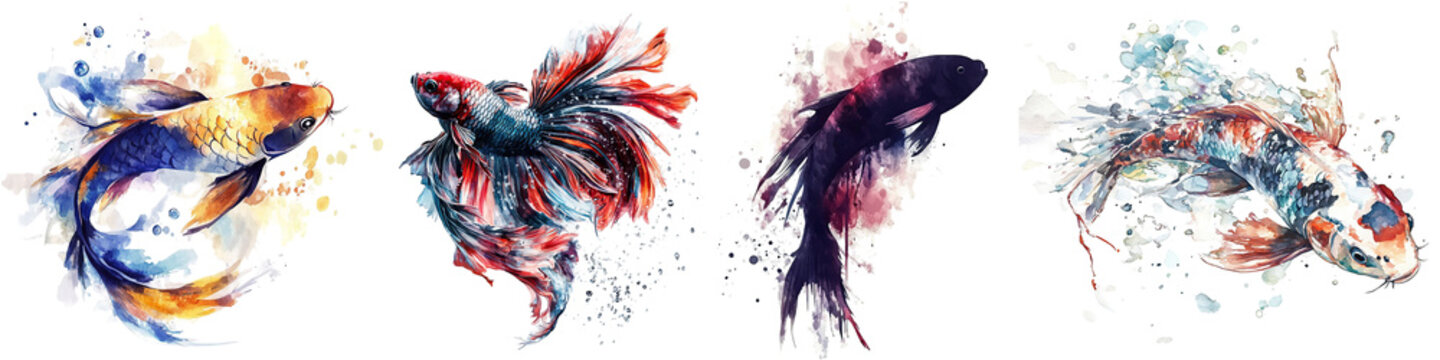 Watercolor koi and betta fish illustrations on transparent background