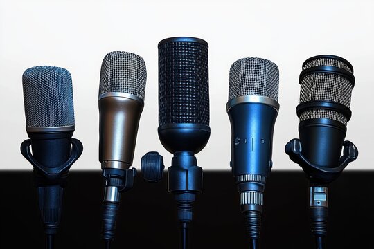 Five different professional microphones standing upright in a row against a white and black gradient background, showcasing various microphone designs and textures - Powered by Adobe