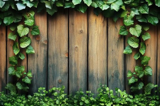 Green leafy ivy vines hanging and sprawling across aged brown wooden fence under natural light