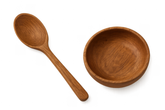Wooden spoon and bowl natural tableware top view