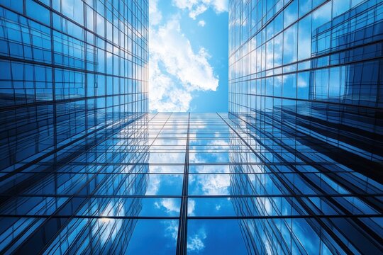 Upward view of two modern glass skyscrapers reflecting blue sky and white clouds, creating a symmetrical and serene urban scene