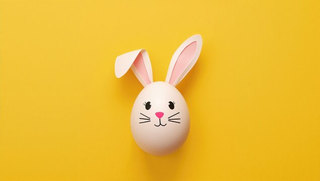 Easter egg with bunny ears and face on a yellow backdrop, playful decoration theme