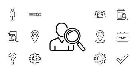 A collection of clean, modern line icons on a white background, featuring a person being searched with a magnifying glass, a search bar, a document with a magnifying glass, location pins, a
