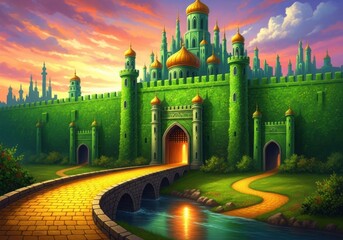 Enchanted emerald city castle with golden brick road and bridge under a vibrant sunset