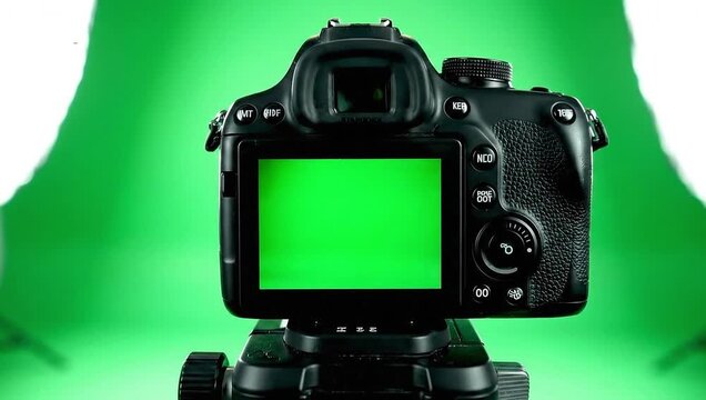 Green screen camera setup for professional video recording and chroma key compositing work flow studio