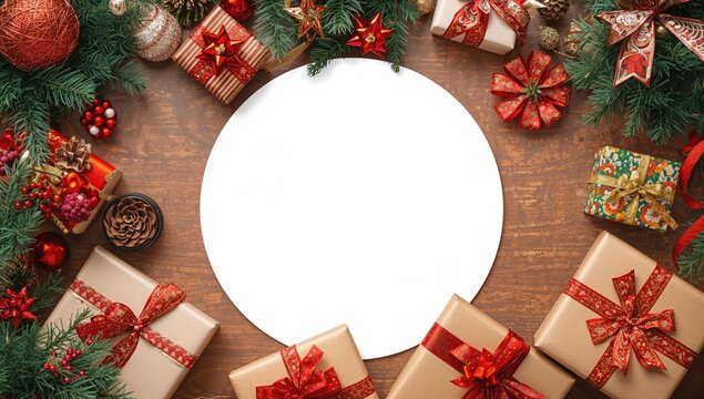 Christmas arrangement, vertical layout featuring festive decor and round advertising space, seasonal theme - Powered by Adobe