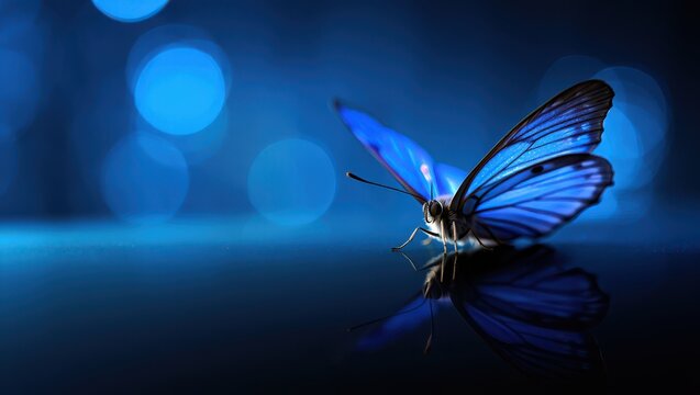 Close up of a blue butterfly resting on a reflective surface