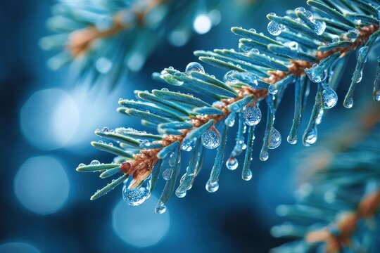 Close-up of frosted evergreen tree branch with ice droplets glistening in soft blue light conveying winter freshness and delicate beauty - Powered by Adobe