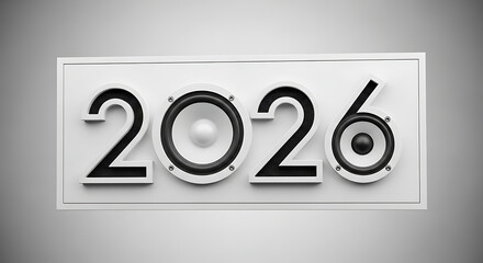 The year 2026 represented by bold numbers with integrated audio speakers, suggesting a year of sound and innovation.