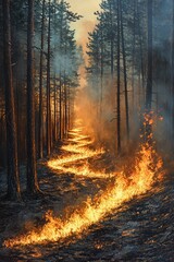 Obraz premium Intense wildfire burning through a dense forest creating a bright trail of flames and thick smoke among tall pine trees at dusk