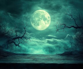 Mysterious full moon shining brightly over a foggy landscape with bare twisted trees and a wooden platform under a cloudy night sky