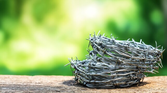 Two rolls of shiny silver barbed wire on wooden surface with blurred green background, close-up of sharp metal fencing for rural boundary protection, security, industrial use, and outdoor safety