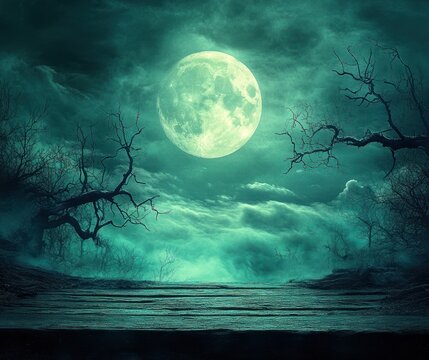 Mysterious full moon shining brightly over a foggy landscape with bare twisted trees and a wooden platform under a cloudy night sky - Powered by Adobe