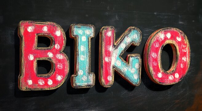 Colorful vintage style illuminated letters spelling out the word 'BIKO' mounted on a dark textured wall