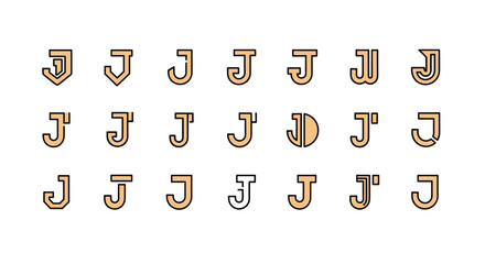 Collection of diverse and creative 'J' letter monograms and logo designs, presented as a vector cartoon illustration on a clean white background, featuring an ordered set of line icons for versatile