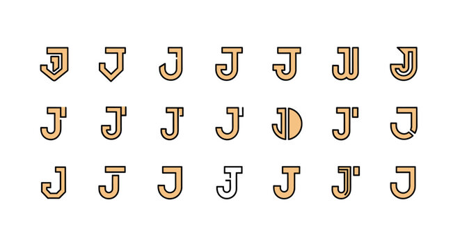 Collection of diverse and creative 'J' letter monograms and logo designs, presented as a vector cartoon illustration on a clean white background, featuring an ordered set of line icons for versatile