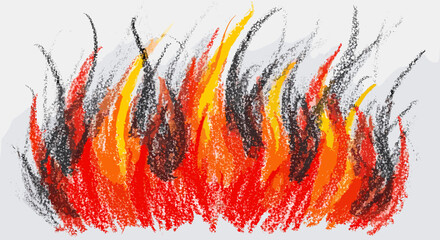 Vivid and energetic abstract depiction of flames rendered in crayon texture on a white background, showcasing a dynamic interplay of red, orange, and yellow hues with dark charcoal accents, evoking a