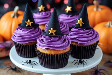 Close-up of Halloween-themed cupcakes with purple frosting, black witch hats decorated with gold stars, surrounded by small plastic spiders and pumpkins in background
