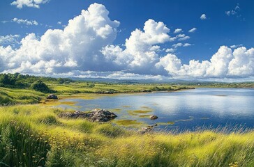 Obraz premium Peaceful lakeside scene with lush green grass, scattered rocks, and vibrant blue sky filled with large white fluffy clouds on a sunny day