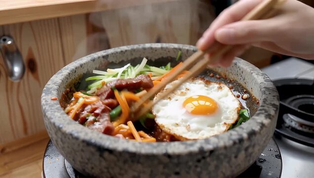 Hot stone bowl rice with fried egg and mixed vegetables being stirred with chopstick close up