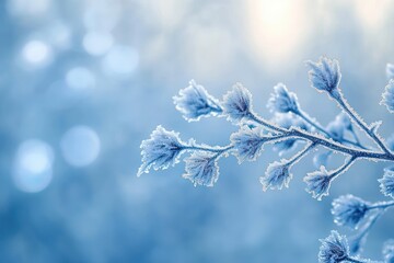 Close-up of frost-covered plant branches with delicate ice crystals glowing against a soft blue bokeh background, evoking chilly winter serenity