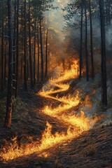 Fototapeta premium A winding line of fire burning through a dense forest with tall trees, emitting smoke and creating an intense, dramatic atmosphere