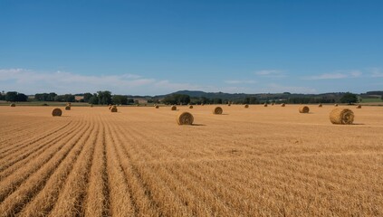 Fototapeta premium Harvested wheat field with rolled hay bales