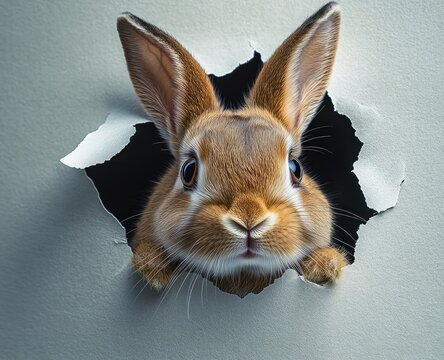 Curious brown rabbit poking its head and paws through a torn hole in a wall or paper, wide-eyed and inquisitive expression