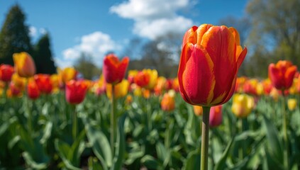 Obraz premium Red and yellow tulips in a garden
