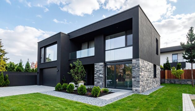 Modern minimalist private black house decorated with stone tiles cladding. Residential architecture cubic design exterior