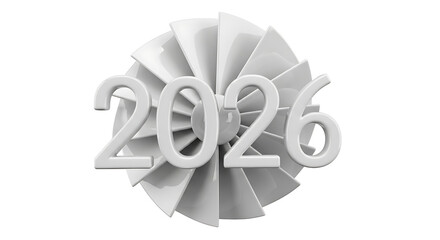Futuristic turbine blades blend with the year 2026, symbolizing progress and innovation.