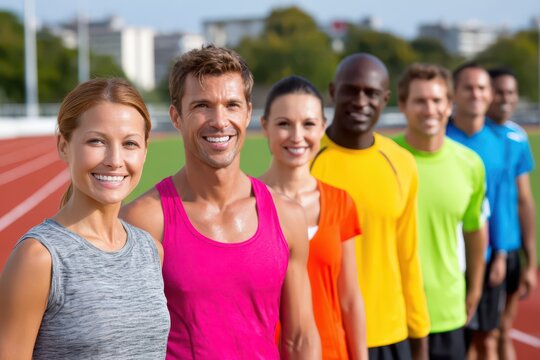 Happy diverse athletes in sportswear standing together on a track.