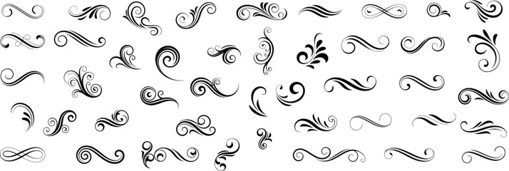 Black swirly line curl set, harmonious blend of shapes and lines for greeting cards. Collection of filigree frame decoration. vector art.
