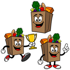 Grocery Bag Mascot Set 03, Hand Drawn illustrations of Grocery Bag Mascots in various poses.