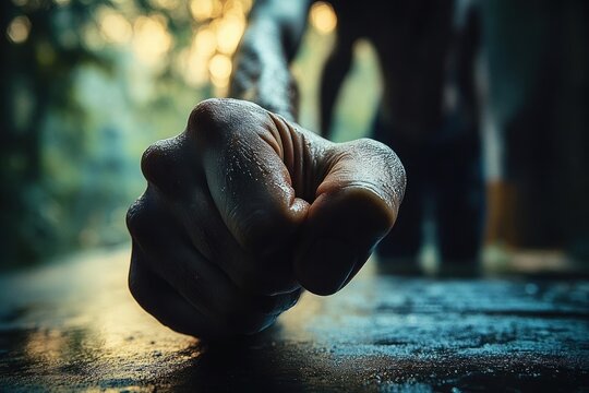 Close-up of a clenched fist touching a surface with a blurred background featuring a standing person in an outdoor setting with natural light