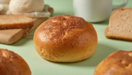 Fototapeta premium Cinnamon bun with frosting on a pastel green backdrop, indulgent treat, World Cinnamon Bun Day