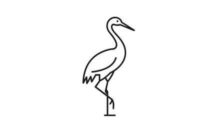 Minimalist line art illustration of a crane standing on one leg, depicted in a simple, flat, outline style, perfect for logos and icons, representing elegance and nature with a clean, modern