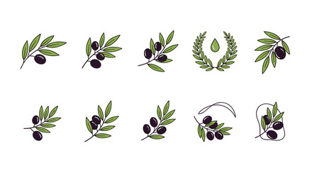 A collection of ten stylized olive branch illustrations and icons, featuring dark olives and green leaves, set against a clean white background, perfect for branding, food, and health-related designs.
