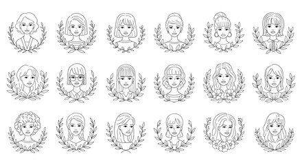 Diverse collection of stylized female portraits in line art, each framed by delicate laurel wreaths, showcasing a variety of hairstyles, facial features, and expressions, perfect for representing