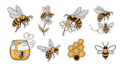 Charming vintage hand-drawn bee illustrations and honey elements, featuring a variety of bees in flight, collecting nectar from flowers, a jar of golden honey with a bee inside, and a honeycomb