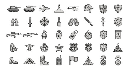 A comprehensive collection of army-related line icons, featuring military and defense outline signs perfect for graphic and web design, app development, advertisements, and various card designs