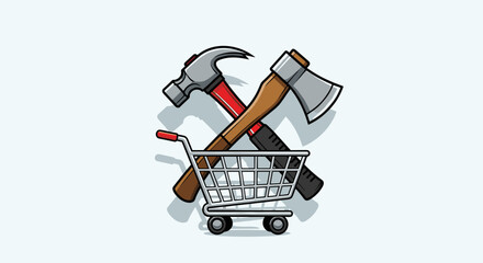 A stylized vector illustration depicts a classic metal shopping cart with a red handle, positioned beneath a crossed hammer and axe, symbolizing construction, DIY projects, or the purchase of tools