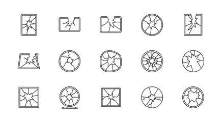 Set of 15 outline icons representing broken glass in various shapes and forms, including squares, rectangles, and circles, perfect for graphic and web design, apps, adverts, and various cards. This