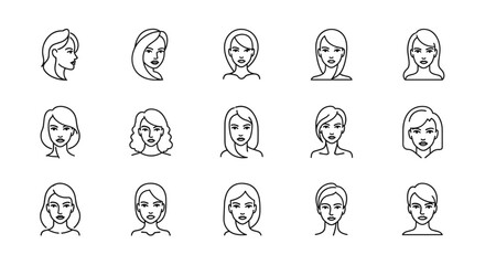 Collection of fifteen diverse female portrait line icons, showcasing various hairstyles and facial features, presented in a clean, modern linear style on a white background, perfect for branding and