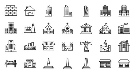 Collection of diverse building line icons, including a brick wall, house, skyscrapers, factory, church, courthouse, castle, lighthouse, barn, bridge, and monuments, perfect for graphic design, web