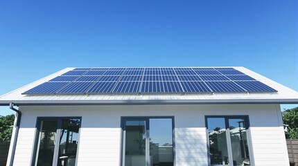 Fototapeta premium Modern house roof equipped with efficient solar panels under a clear blue sky