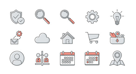 A collection of modern, minimalistic, thin line icons for web and graphic design, apps, banners, social networks, and cards, featuring a shield with a checkmark, magnifying glasses, gear, lightbulb