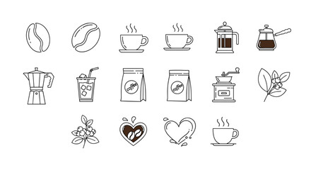A collection of thin line icons representing various coffee-related elements, including coffee beans, cups of hot and iced coffee, coffee bags, brewing equipment like a Moka pot and French press, a