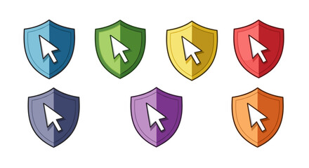 Collection of seven colorful shield icons with a white cursor arrow inside, representing security, protection, and digital access, set against a clean white background. These vibrant vector graphics